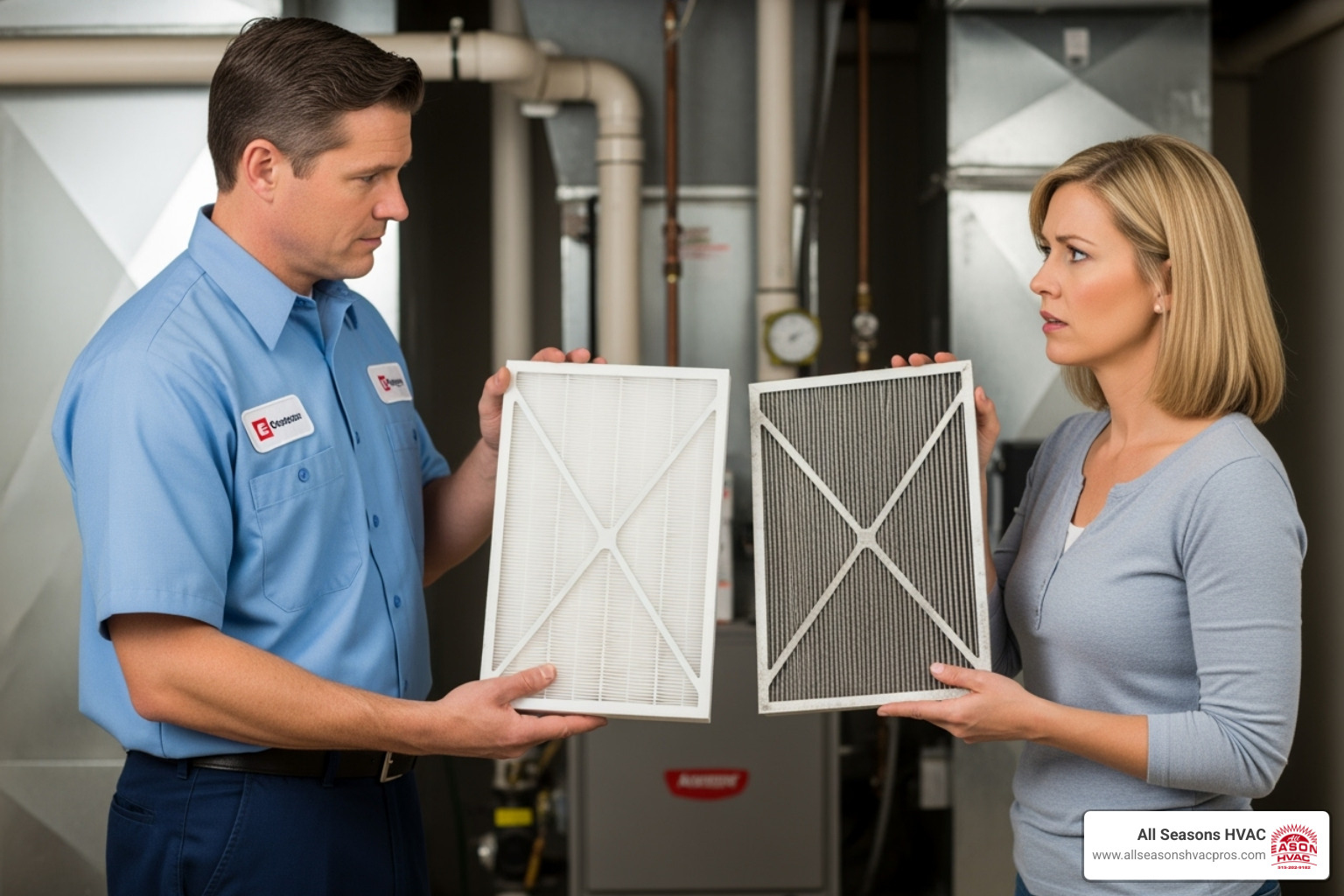 Technician showing a homeowner a clean new air filter next to a dirty old one - hvac comfort altoona ia Technician showing a homeowner a clean new air filter next to a dirty old one - hvac comfort altoona ia