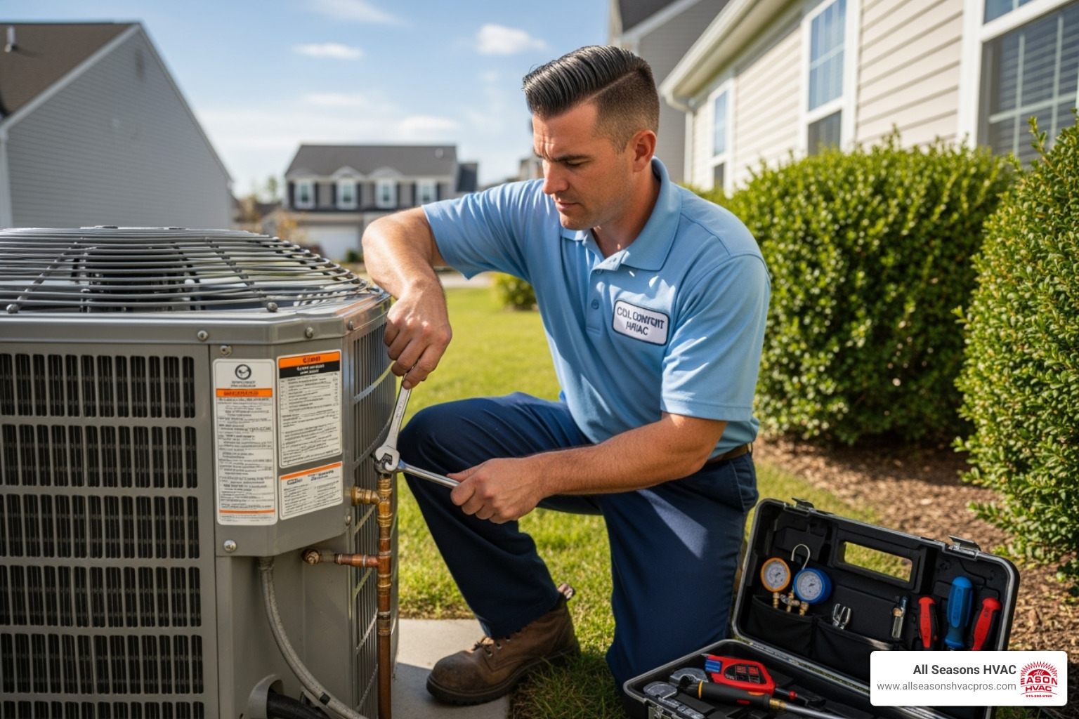 Certified technician servicing an outdoor air conditioning unit - hvac comfort altoona ia Certified technician servicing an outdoor air conditioning unit - hvac comfort altoona ia