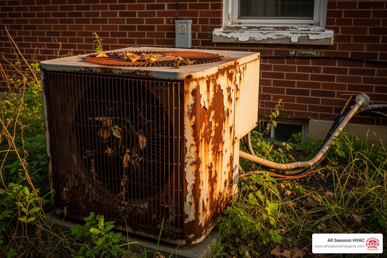 Old, rusty outdoor AC unit - hvac replacement des moines ia Old, rusty outdoor AC unit - hvac replacement des moines ia