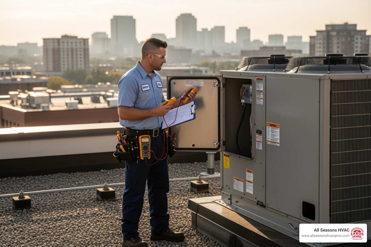 Technician performing a maintenance check on a commercial unit - commercial hvac installation altoona ia Technician performing a maintenance check on a commercial unit - commercial hvac installation altoona ia