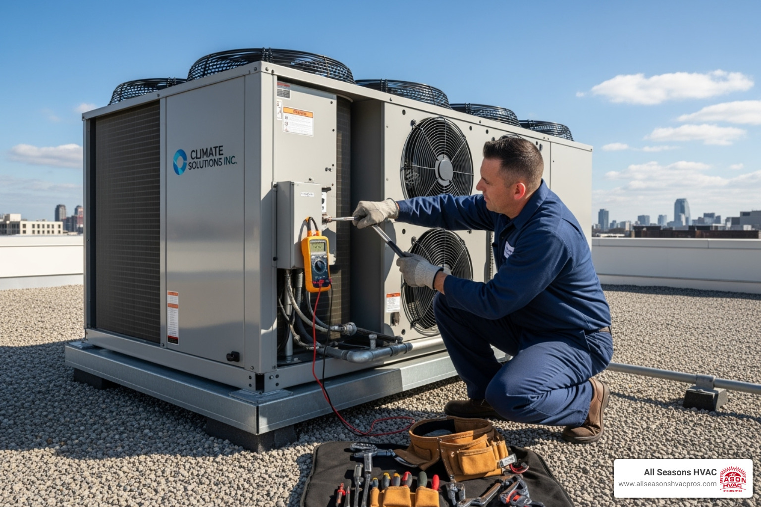 technician performing maintenance on a commercial AC unit - ac repair ankeny ia technician performing maintenance on a commercial AC unit - ac repair ankeny ia
