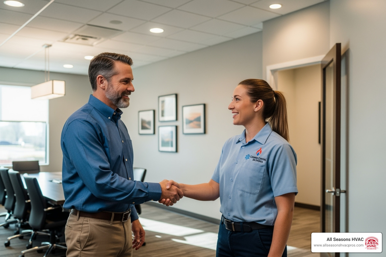 satisfied business owner shaking hands with an HVAC technician - ac repair ankeny ia satisfied business owner shaking hands with an HVAC technician - ac repair ankeny ia