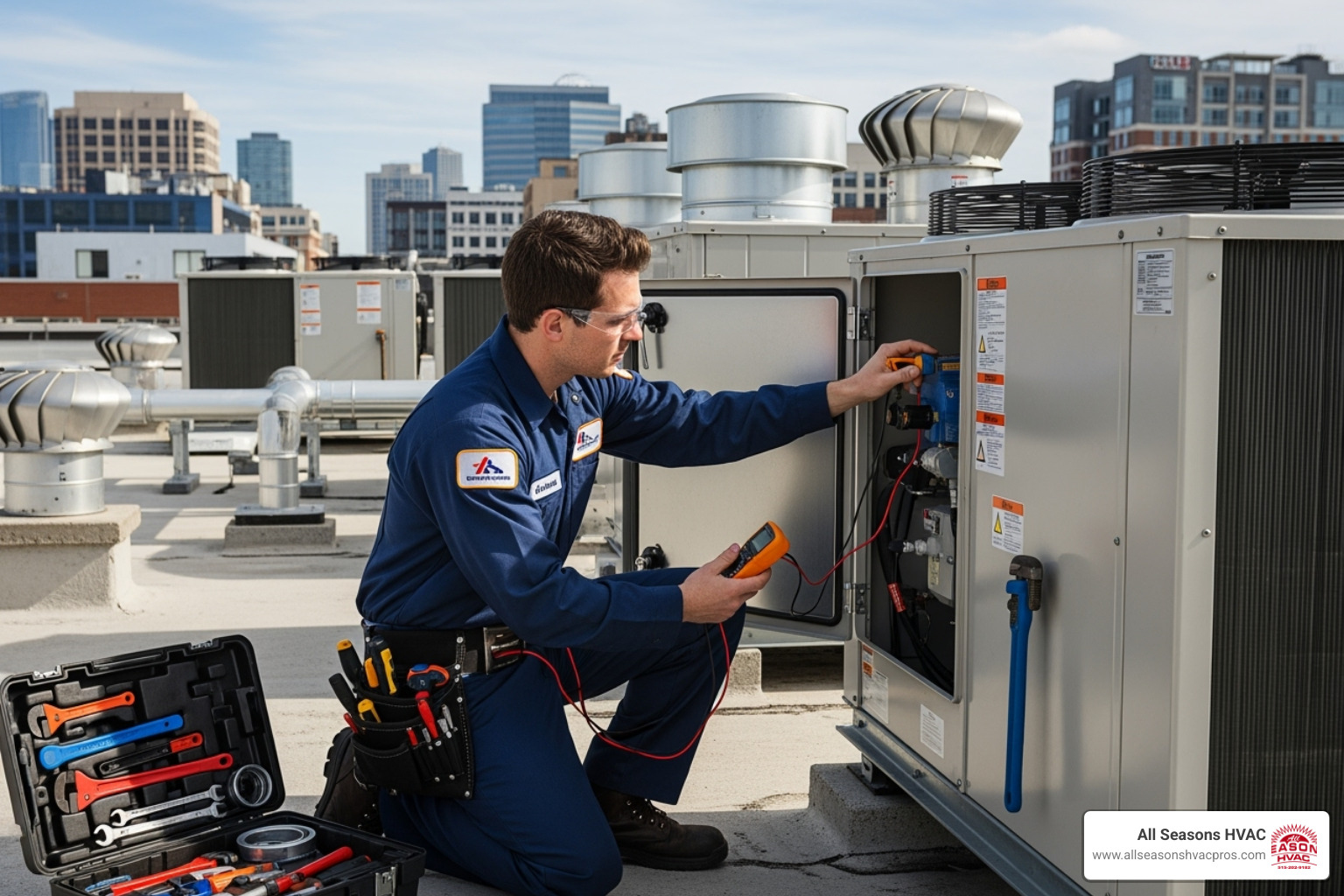 a certified technician servicing a large commercial heating unit - commercial heating repair des moines ia a certified technician servicing a large commercial heating unit - commercial heating repair des moines ia