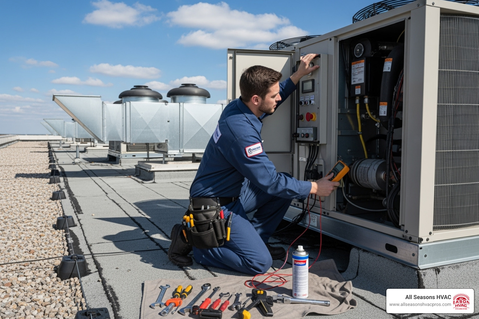 a technician performing preventative maintenance on a rooftop unit - commercial heating repair des moines ia a technician performing preventative maintenance on a rooftop unit - commercial heating repair des moines ia