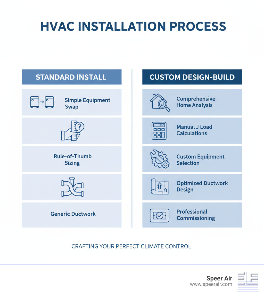 Infographic comparing standard HVAC installation process (simple equipment swap, rule-of-thumb sizing, generic ductwork) versus custom design-build process (comprehensive home analysis, Manual J load calculations, custom equipment selection, optimized ductwork design, professional commissioning) - custom hvac design rockaway infographic 