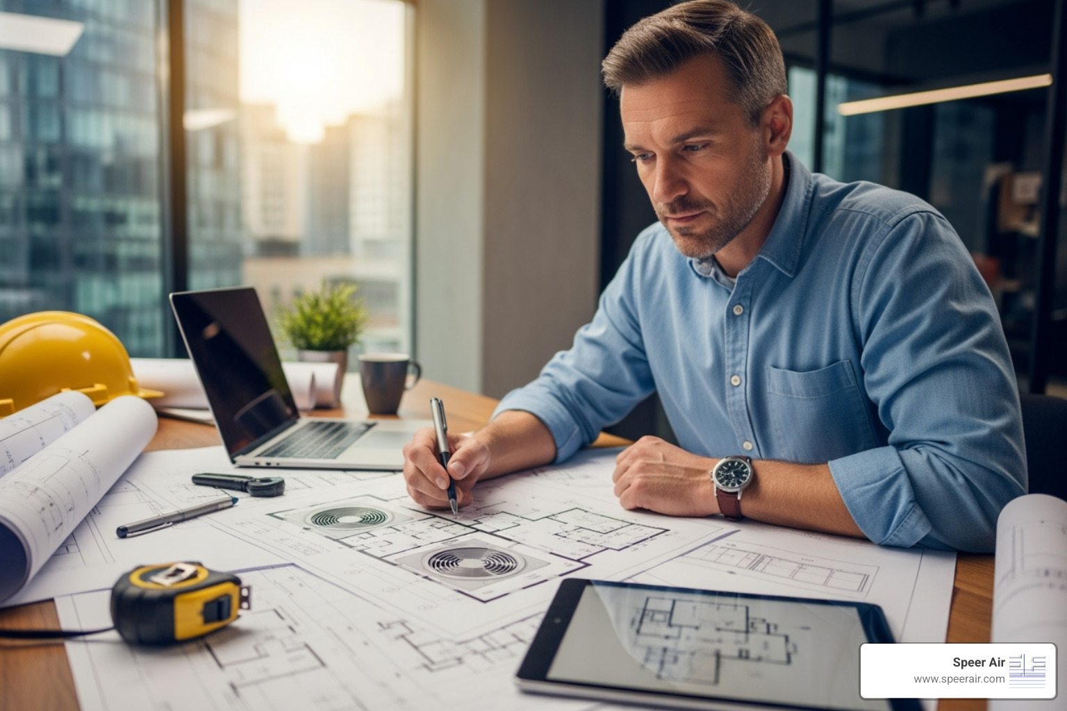 HVAC technician reviewing blueprints - custom hvac design rockaway