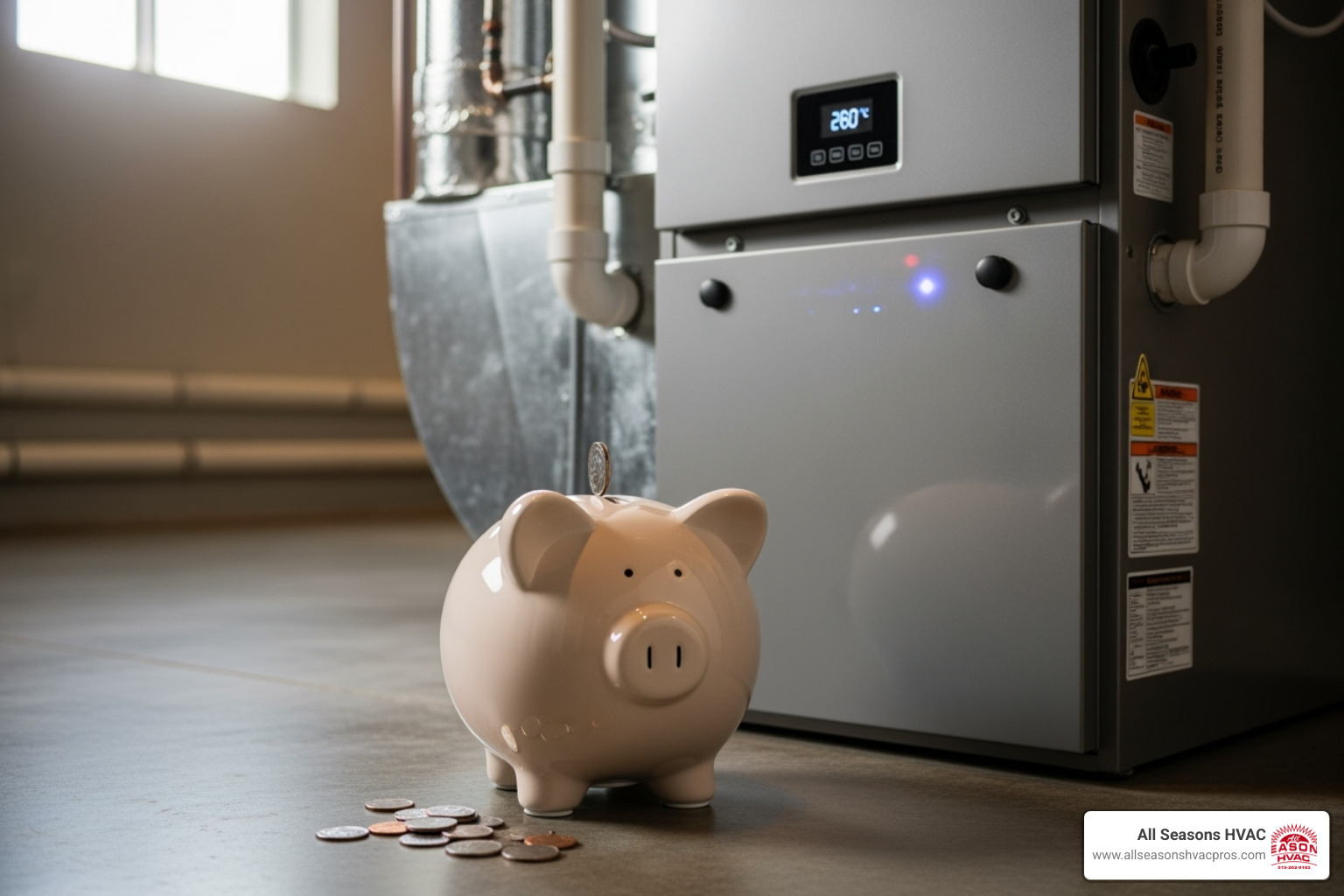 Piggy bank next to a furnace - heating installation altoona ia Piggy bank next to a furnace - heating installation altoona ia