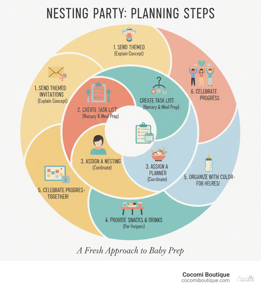 Infographic showing nesting party planning steps: Send themed invitations explaining the concept, create a task list with nursery organization and meal prep, assign a nesting planner to coordinate activities, provide snacks and drinks for helpers, organize tasks with color-coded notes, and celebrate progress together - Baby shower nest infographic 