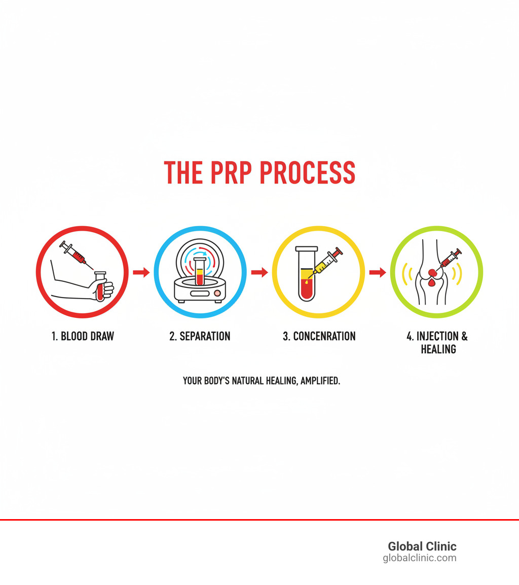 Infographic showing the PRP process: blood draw from patient's arm, blood placed in centrifuge machine to separate components, concentrated platelet-rich plasma extracted, and final injection into treatment area with healing arrows - prp injections near me infographic  Infographic showing the PRP process: blood draw from patient's arm, blood placed in centrifuge machine to separate components, concentrated platelet-rich plasma extracted, and final injection into treatment area with healing arrows - prp injections near me infographic