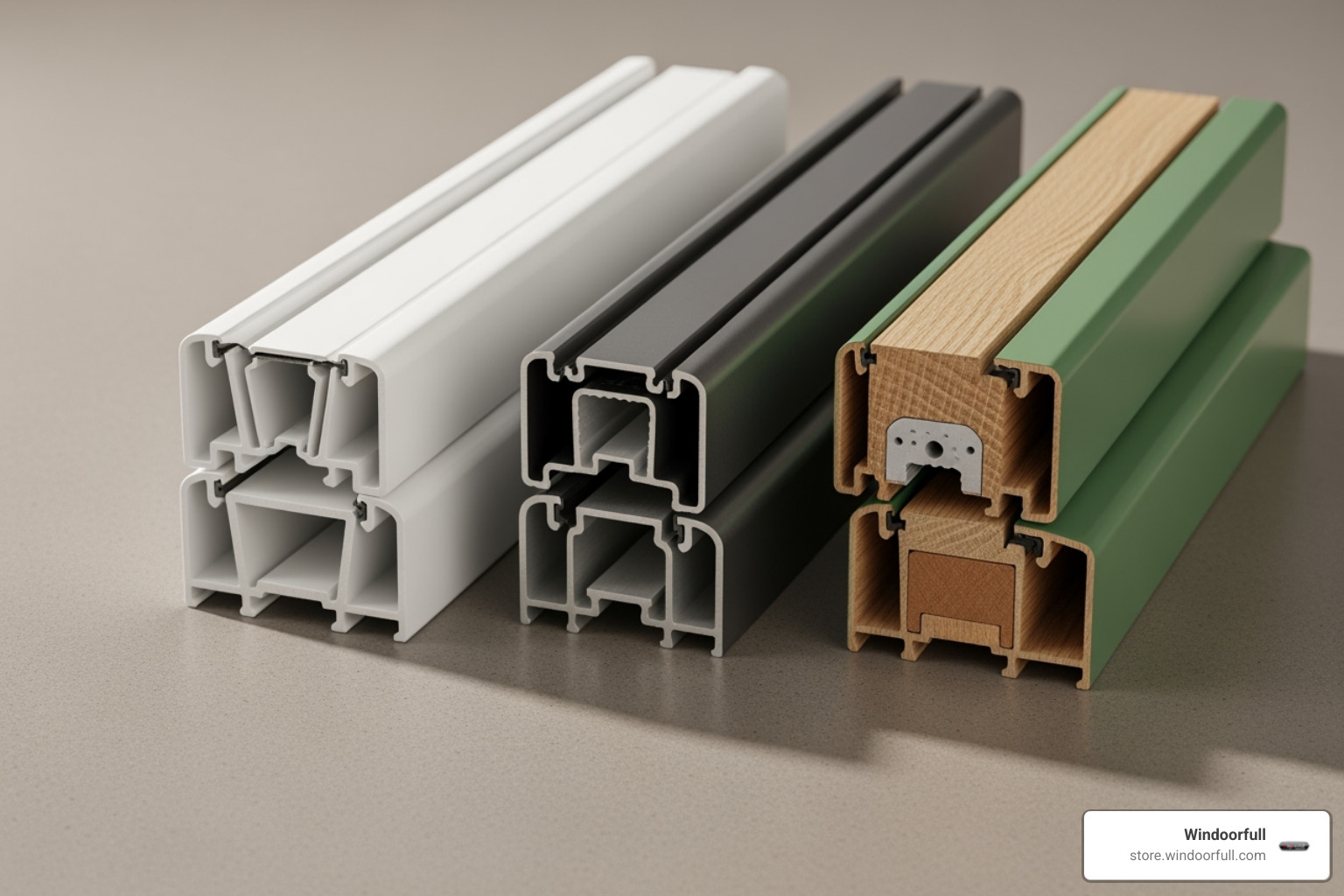 Image showcasing various window frame materials available from Windoorfull, such as uPVC, aluminum, and wood-clad, in different finishes - European Windows