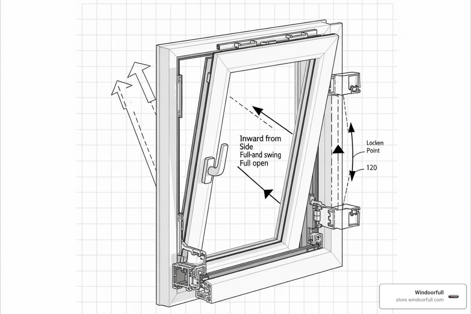 Image showing the dual-action tilt and turn mechanism of a European window, with arrows indicating both tilt-in and swing-in movements - European Windows