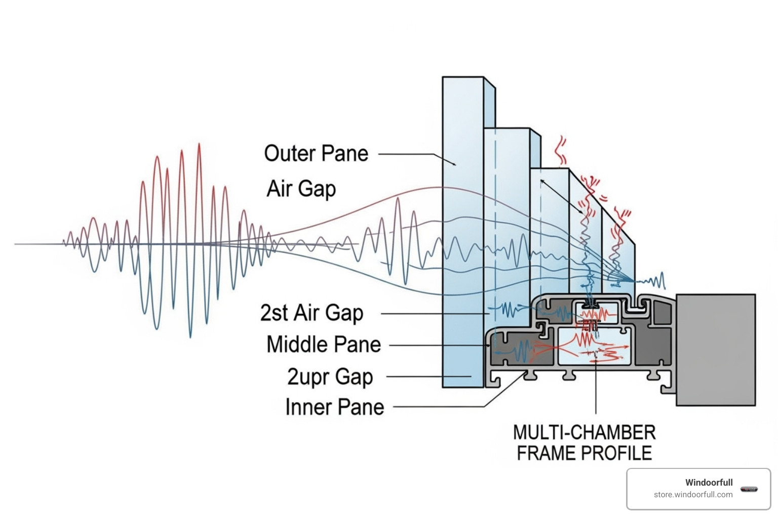 Illustration showing how multi-chamber profiles and triple glazing block outside noise, with sound waves being absorbed and reflected - European Windows