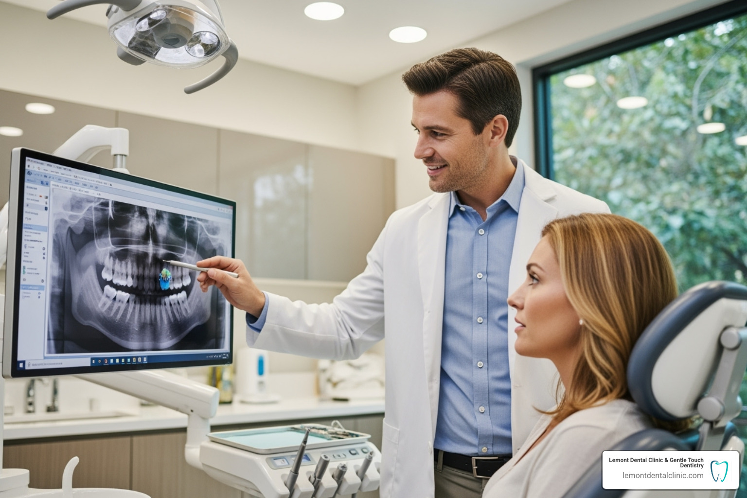 Dentist explaining an x-ray to a patient - general dentistry Palos Hills Dentist explaining an x-ray to a patient - general dentistry Palos Hills
