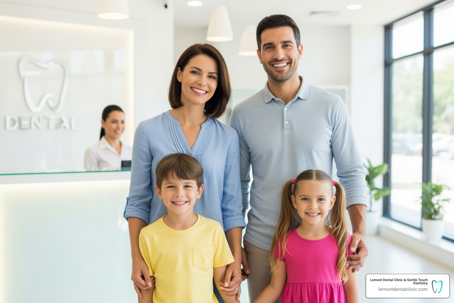 Happy family smiling after dental visit - general dentistry Palos Hills Happy family smiling after dental visit - general dentistry Palos Hills