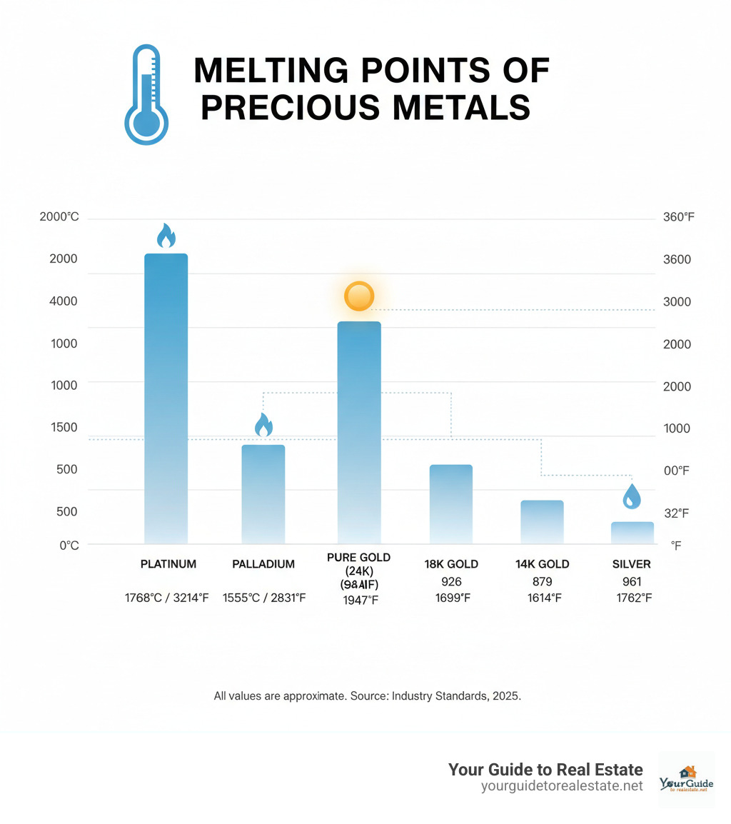 Comprehensive comparison chart showing melting points of gold at different purities (24k, 18k, 14k) alongside other precious metals like silver, platinum, and palladium, with temperature scales in both Celsius and Fahrenheit - gold melting point infographic 