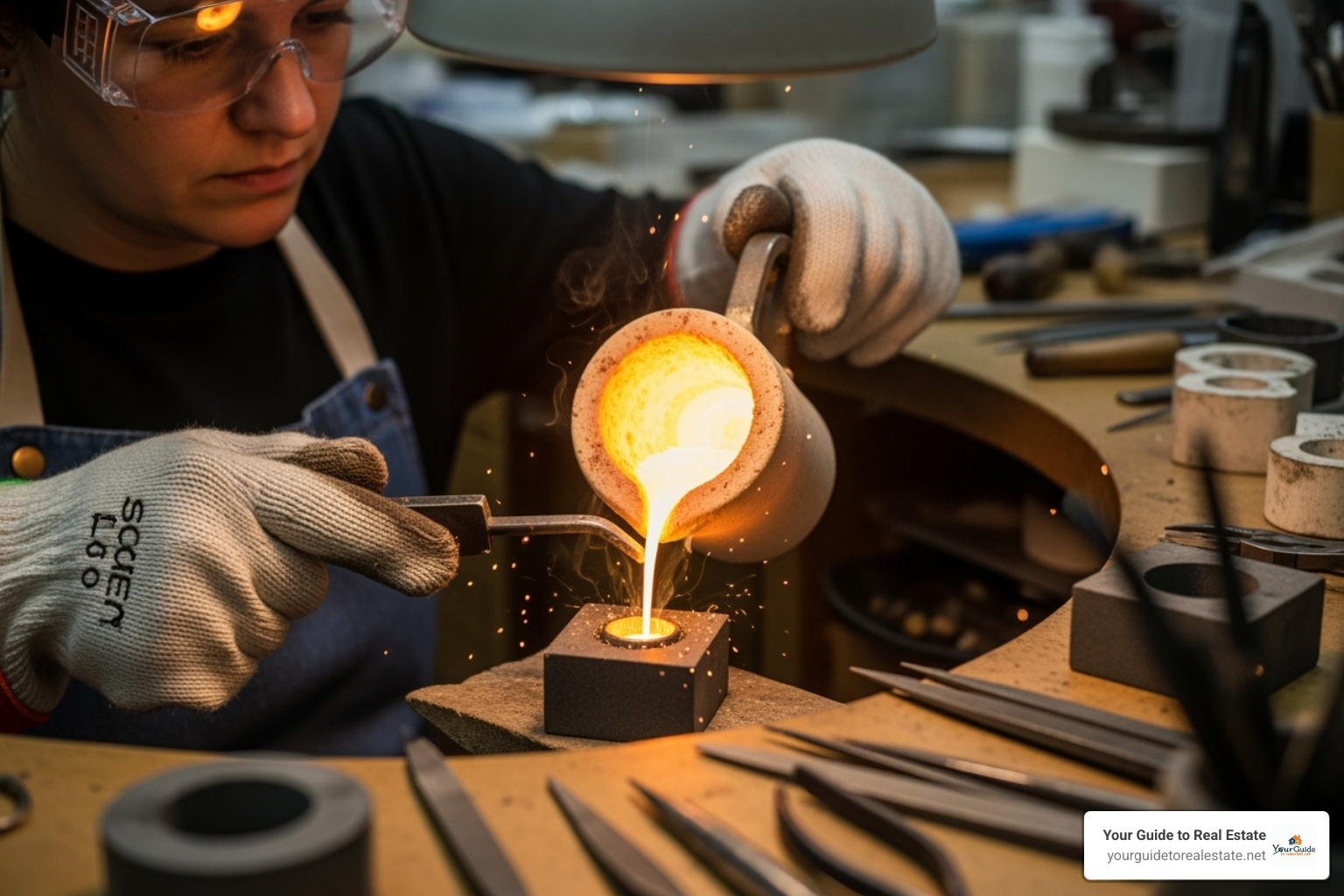 A jeweler carefully pouring molten gold into a mold to create a ring - gold melting point