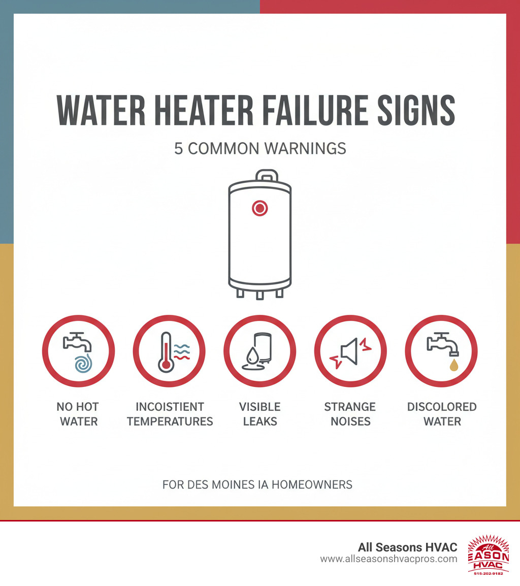 Infographic showing the 5 most common water heater failure signs: no hot water production, inconsistent water temperatures, visible leaks around the tank base, strange rumbling or popping noises, and discolored rusty water coming from taps - water heater repair des moines ia infographic Infographic showing the 5 most common water heater failure signs: no hot water production, inconsistent water temperatures, visible leaks around the tank base, strange rumbling or popping noises, and discolored rusty water coming from taps - water heater repair des moines ia infographic