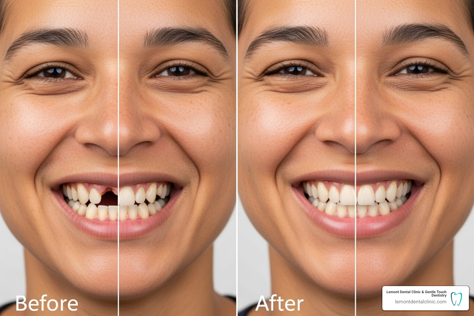 before and after smile change with dentures - Dentures Lemont IL