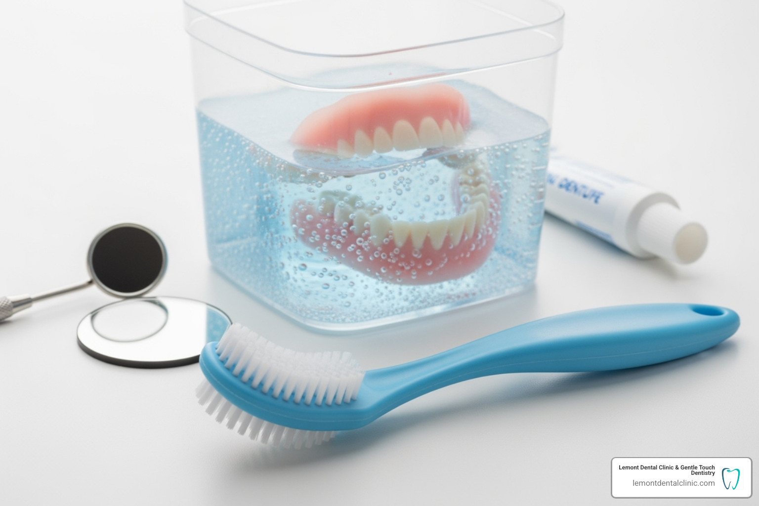 denture cleaning tools like a soft brush and soaking solution - Dentures Lemont IL