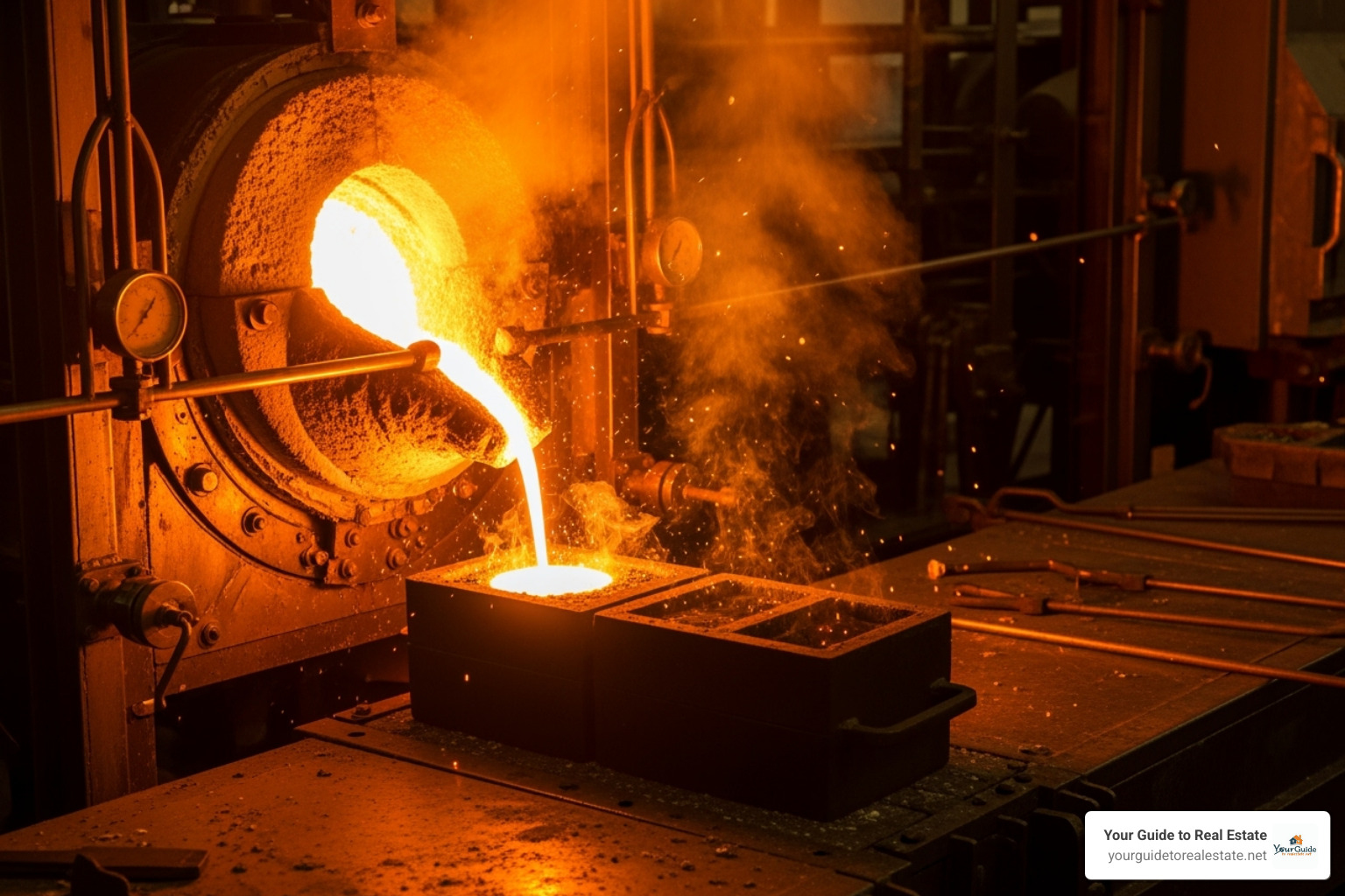 A gold smelting furnace glowing  as molten gold is being prepared for casting - gold melting point