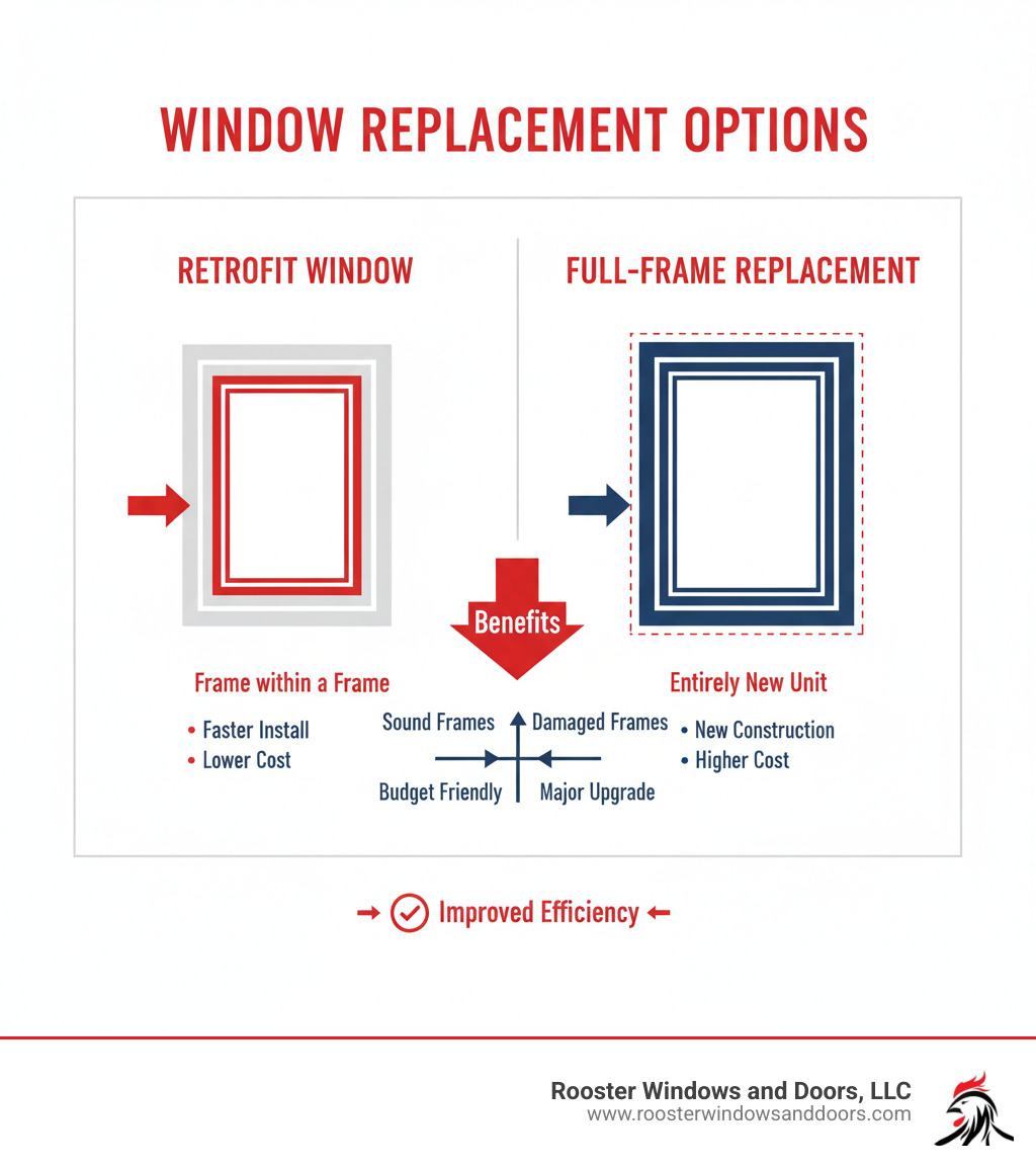 explaining the visual difference between a retrofit window (frame within a frame) and a full-frame replacement (entirely new unit). - retro fit window infographic 