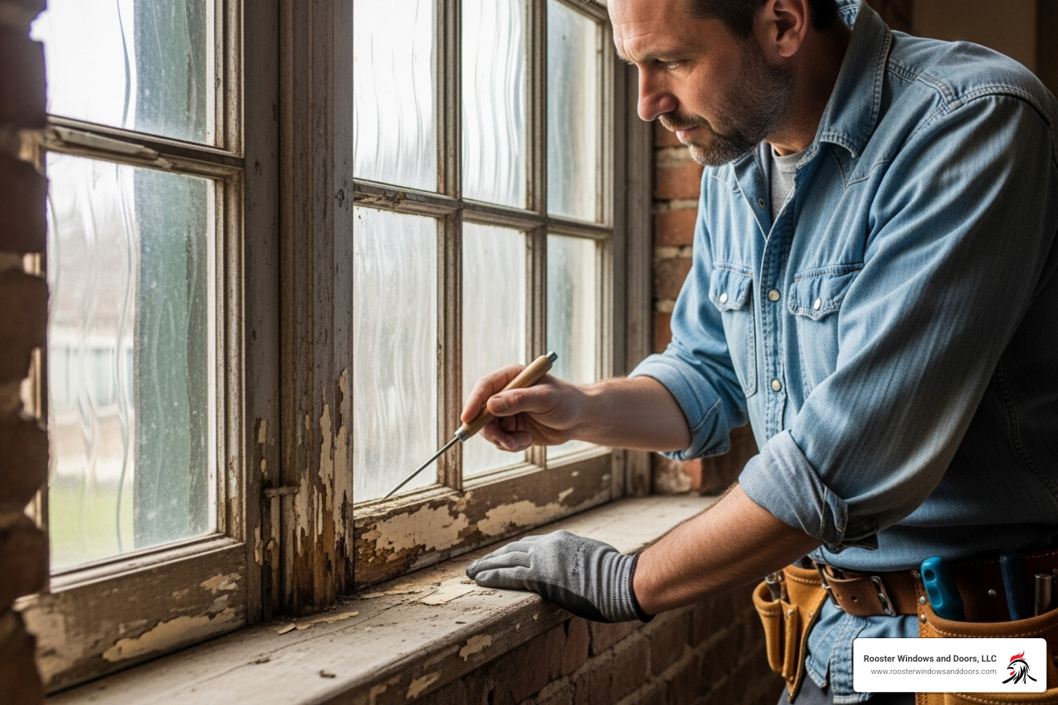 of a professional inspecting an old wooden window frame for rot before making a recommendation. - retro fit window