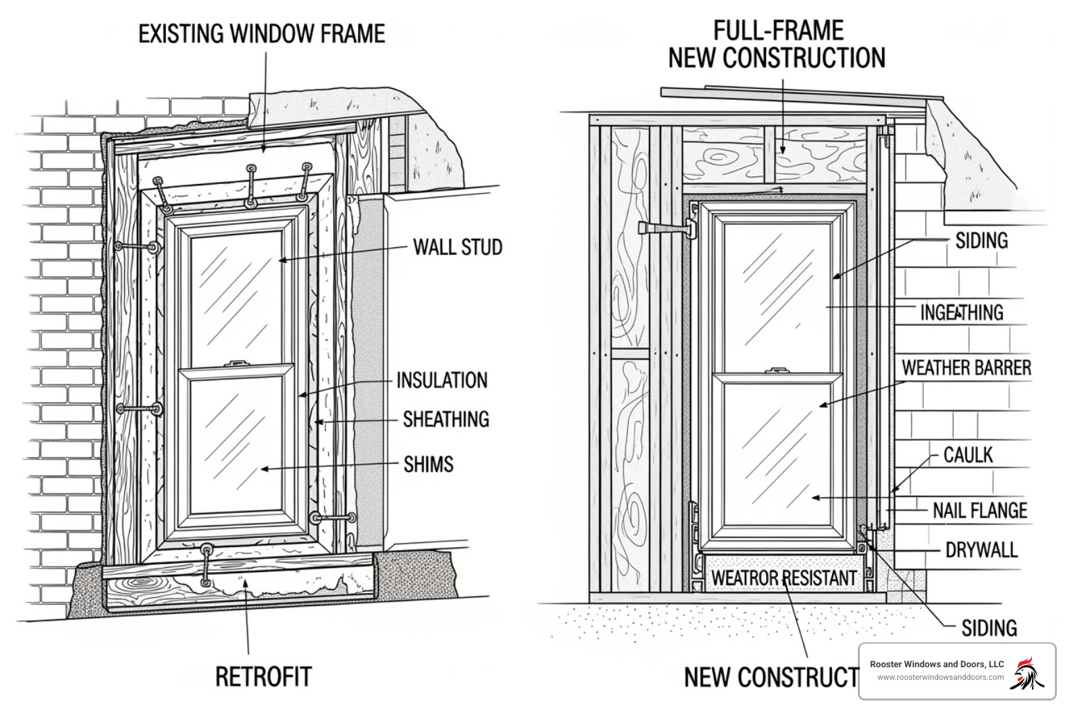 of a cross-section diagram comparing how a retrofit window fits into an old frame versus a full-frame window attaching to the house's studs. - retro fit window