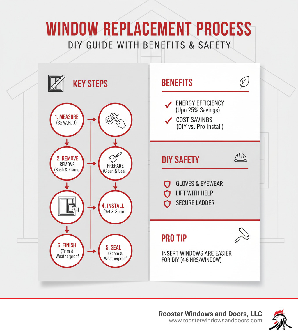 Detailed infographic showing the complete window replacement process from measuring and removal through installation and finishing, including energy efficiency benefits, cost savings potential, and safety considerations for DIY installation - install replacement windows infographic 