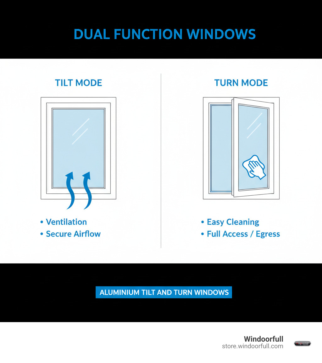 Detailed infographic showing the dual functionality of tilt and turn windows - left side shows window tilted inward from top for ventilation with arrows indicating airflow, right side shows window turned fully inward on side hinges for cleaning access, with labels explaining each function and benefits - aluminium tilt and turn windows installation infographic 