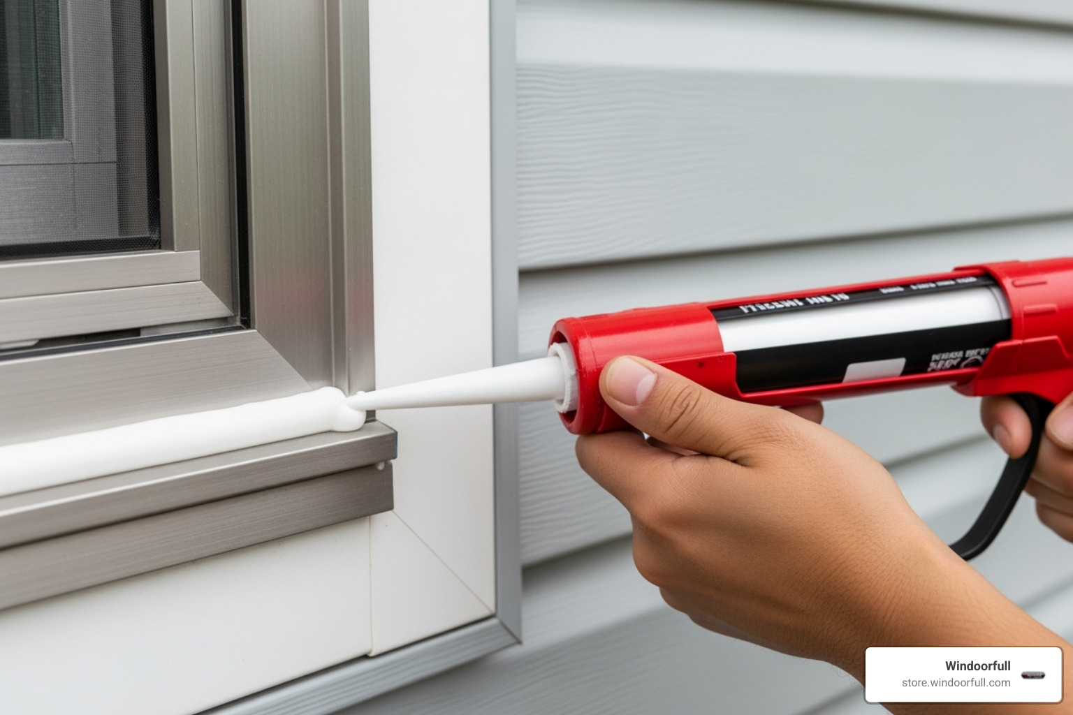 a caulking gun applying a clean bead of sealant around the exterior of the window frame - aluminium tilt and turn windows installation