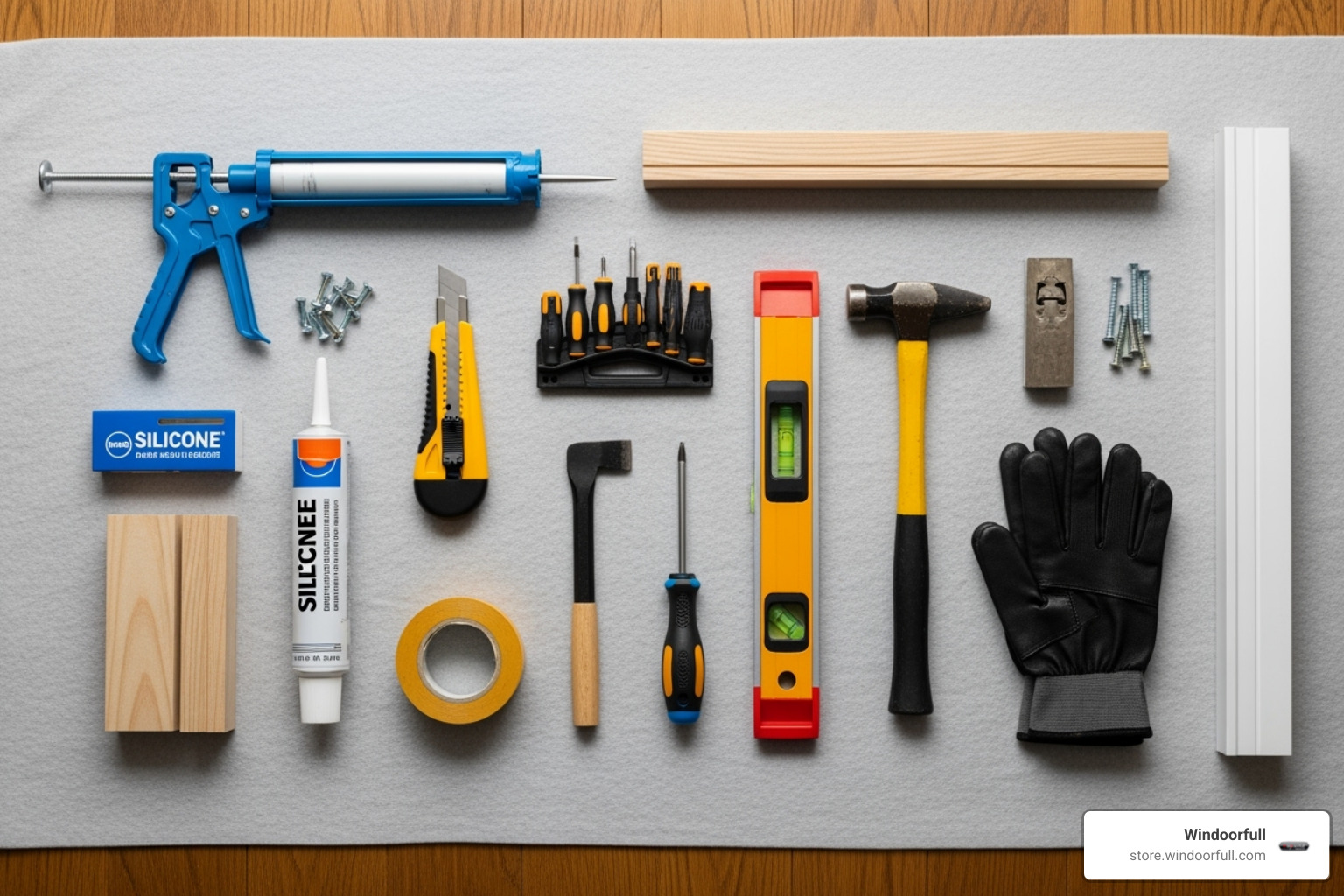 all the necessary tools and materials laid out neatly on a drop cloth - aluminium tilt and turn windows installation