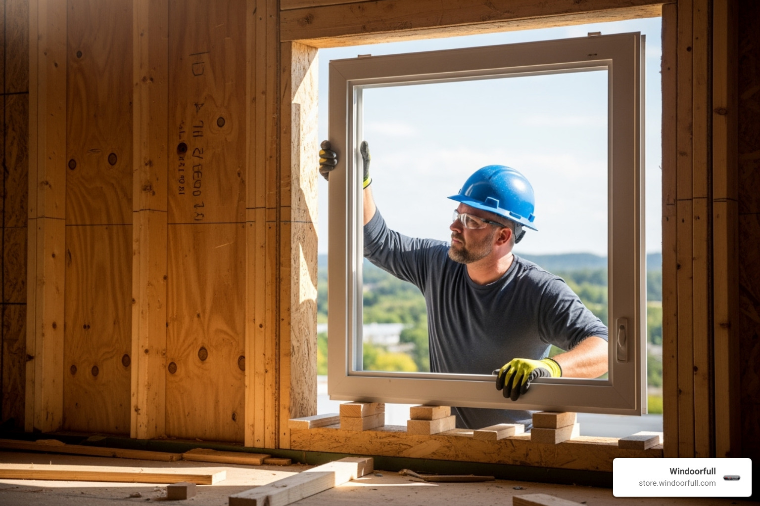 a window frame being carefully placed into the rough opening with shims underneath - aluminium tilt and turn windows installation