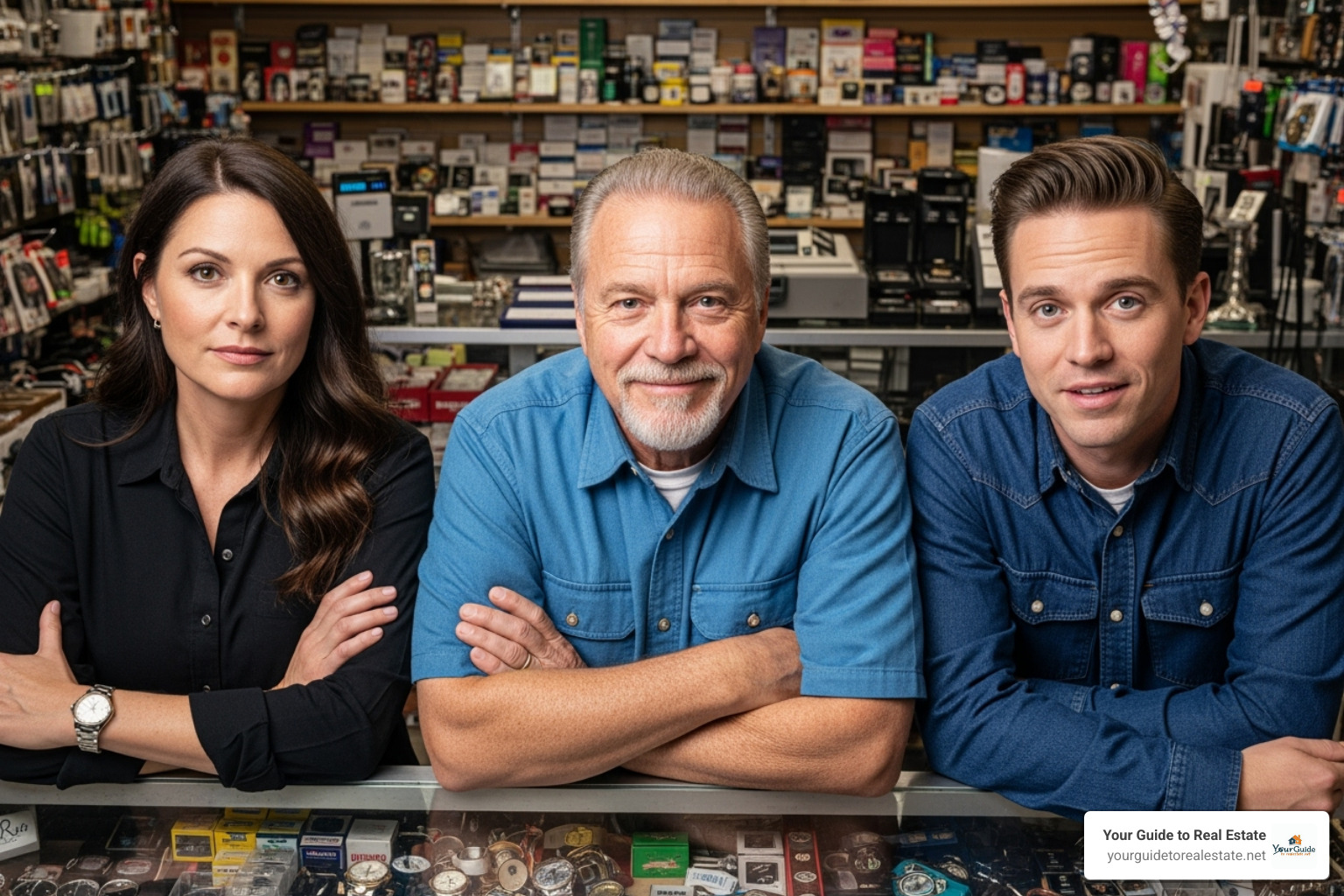 Image of Les, Seth, and Ashley Gold from Hardcore Pawn, standing in front of the American Jewelry and Loan counter - seth gold