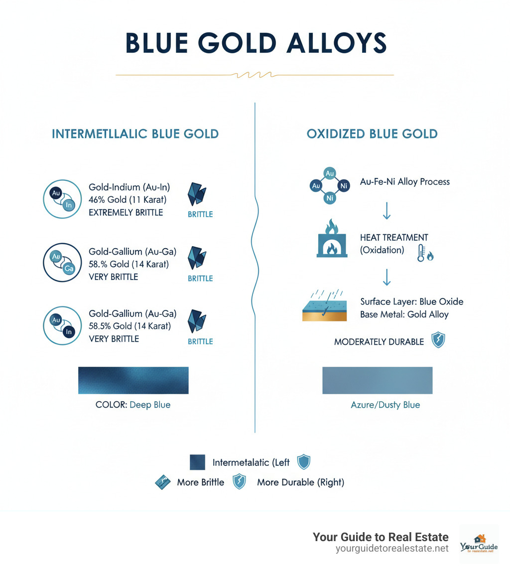 Detailed comparison infographic showing the two main types of blue gold alloys: Intermetallic blue gold on the left (showing gold-indium and gold-gallium compositions with their respective karat ratings and brittleness characteristics) versus Oxidized blue gold on the right (displaying the gold-iron-nickel alloy process, heat treatment method, and surface layer properties), with visual representations of color differences and durability factors - blue gold infographic 