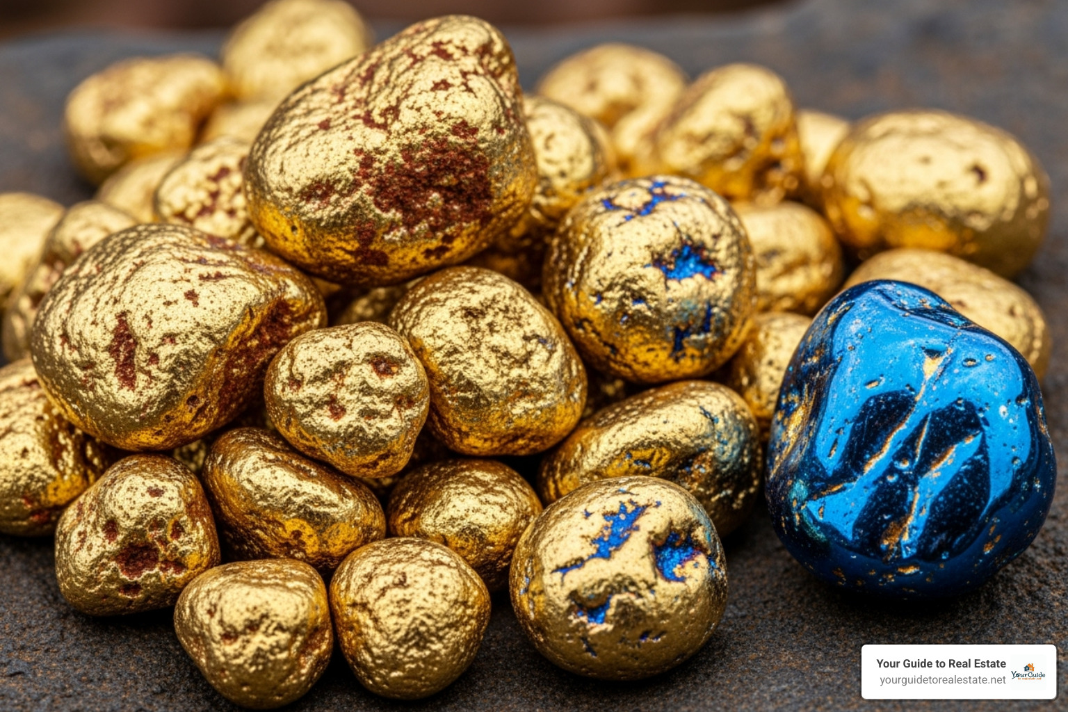 raw gold nuggets next to a blue gold sample - blue gold