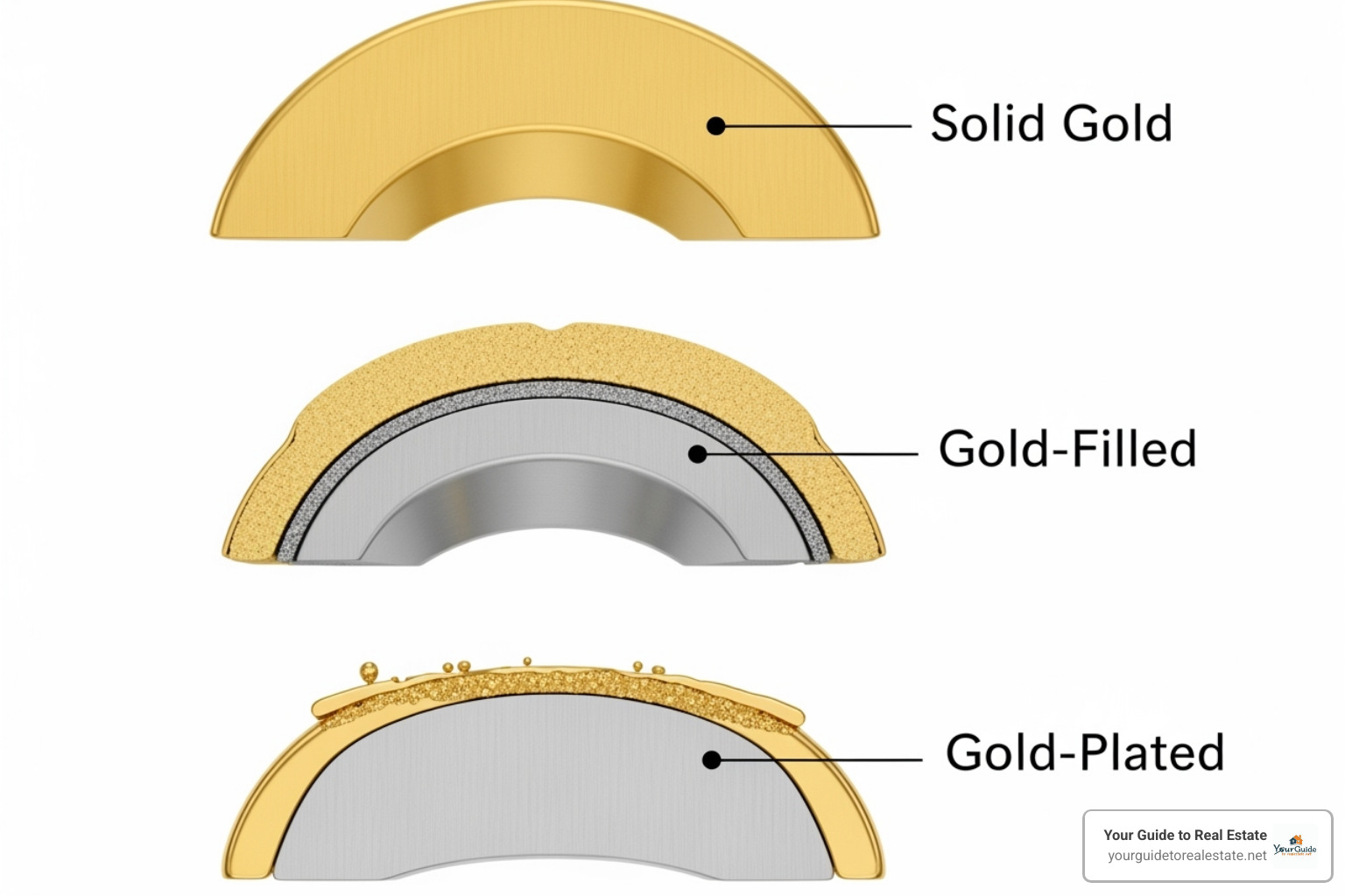 side-by-side comparison of solid gold, gold-filled, and gold-plated jewelry cross-sections -  does gold tarnish