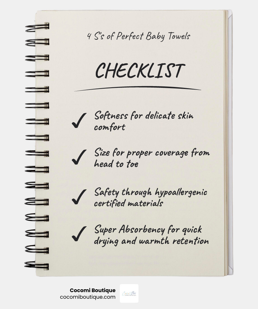 Infographic showing the 4 S's of perfect baby bath towels: Softness for delicate skin comfort, Size for proper coverage from head to toe, Safety through hypoallergenic certified materials, and Super Absorbency for quick drying and warmth retention - baby bath towels infographic checklist-notebook