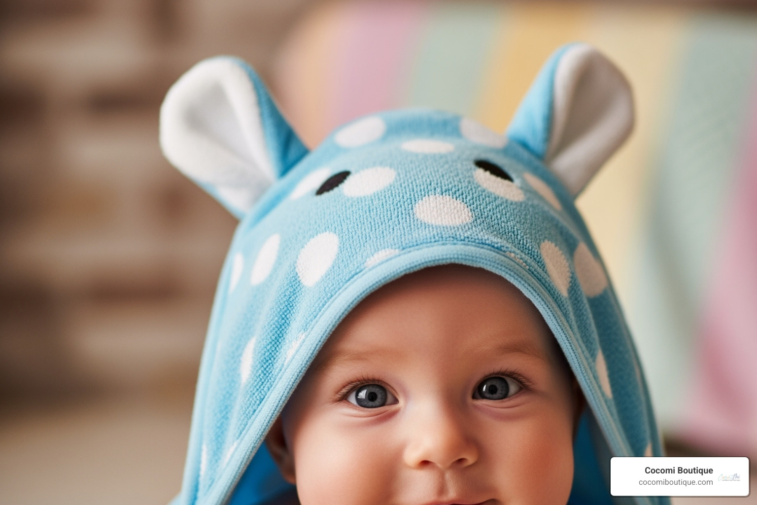 A baby with a cute animal-ear hooded towel peeking out - baby bath towels