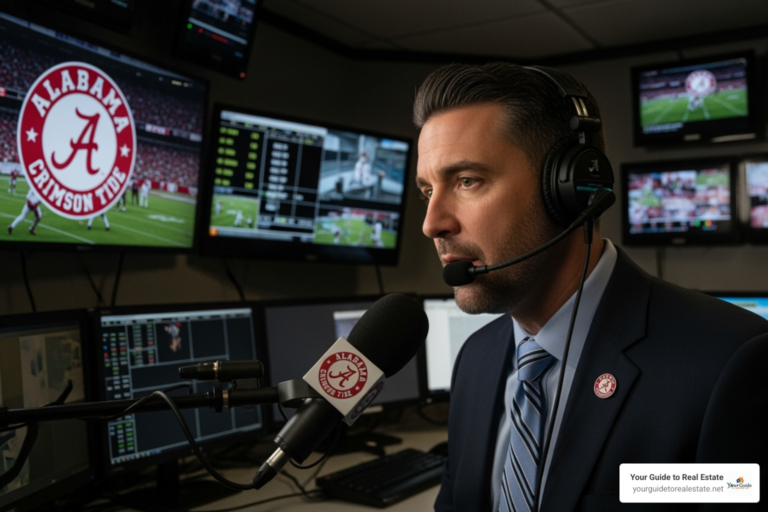 Eli Gold in a broadcast booth with an Alabama logo - eli gold