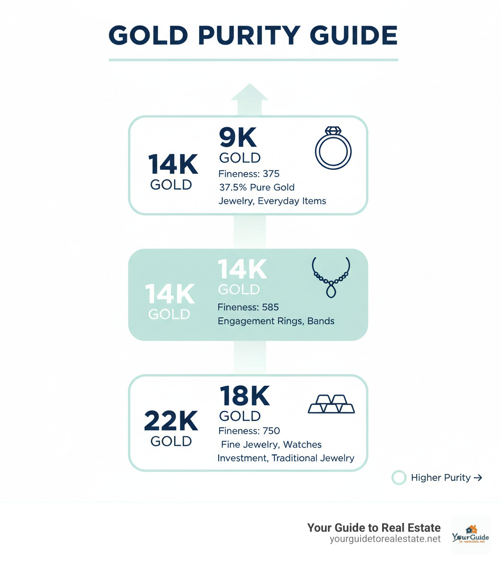 Detailed infographic showing the difference between gold karat ratings (9K, 14K, 18K, 22K) with their corresponding fineness numbers (375, 585, 750, 916), gold percentages, and typical uses for each purity level - 585 gold infographic 