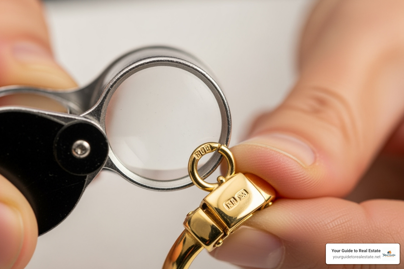 a jeweler's loupe examining a hallmark on a bracelet clasp - 585 gold