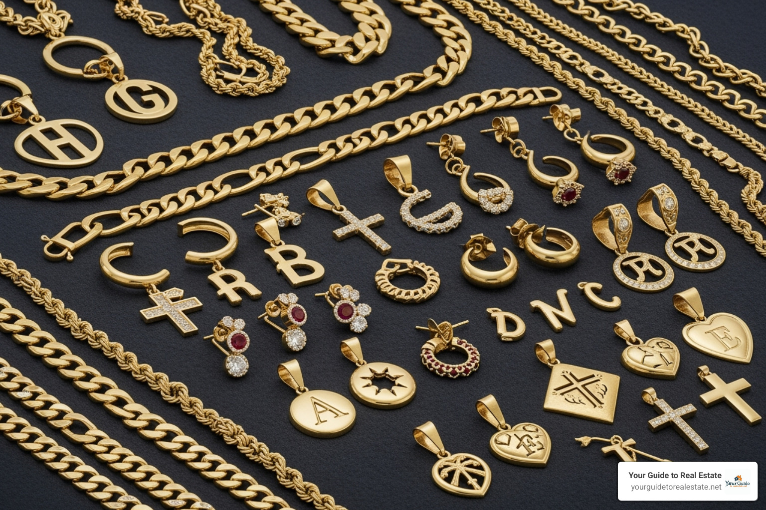 a collection of various 585 gold jewelry pieces like chains, earrings, and pendants - 585 gold