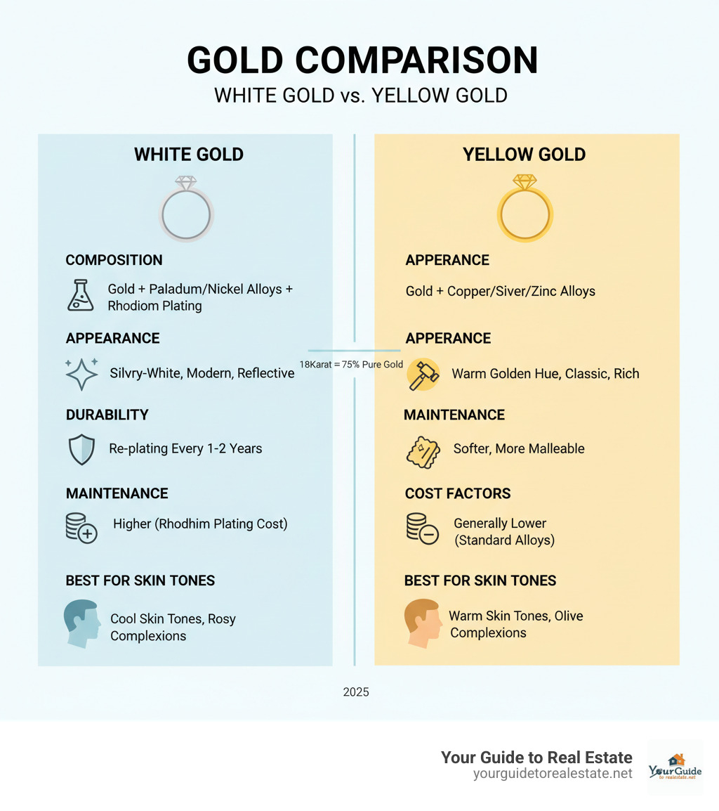 Detailed comparison infographic showing white gold vs yellow gold composition, appearance, durability, maintenance requirements, cost factors, and recommended skin tone pairings - white gold vs yellow gold infographic 
