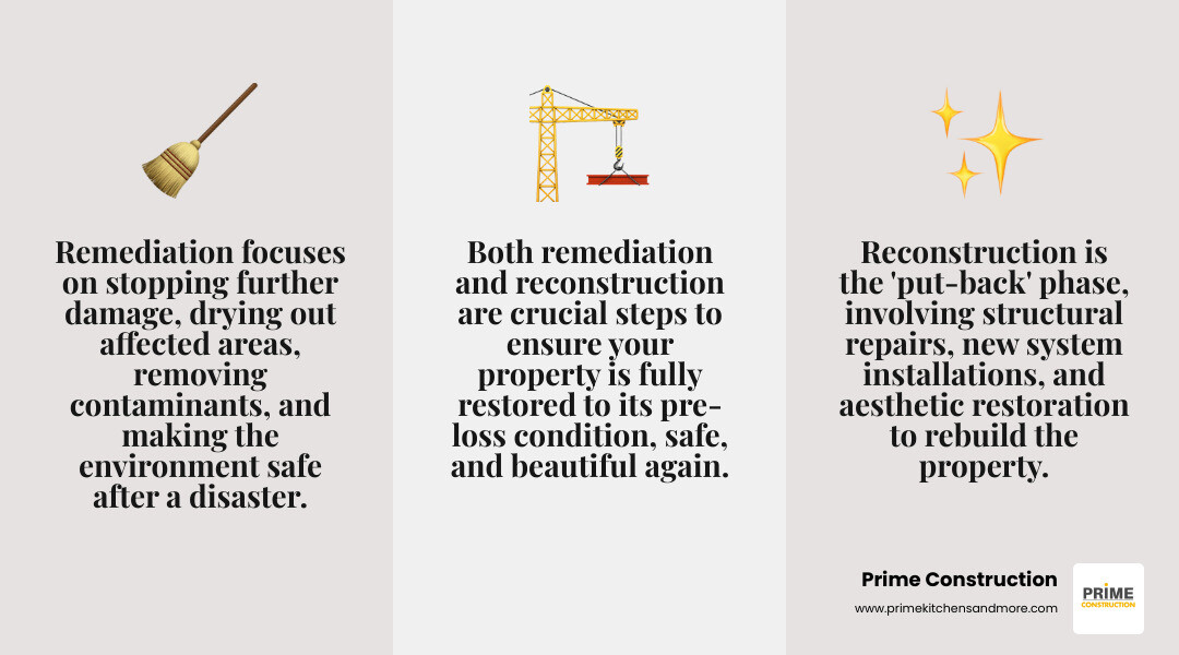 Infographic showing the reconstruction process from initial damage assessment through structural repairs, systems installation, interior finishing, and final inspection with timeline indicators and key milestones - reconstruction services infographic 3_facts_emoji_grey