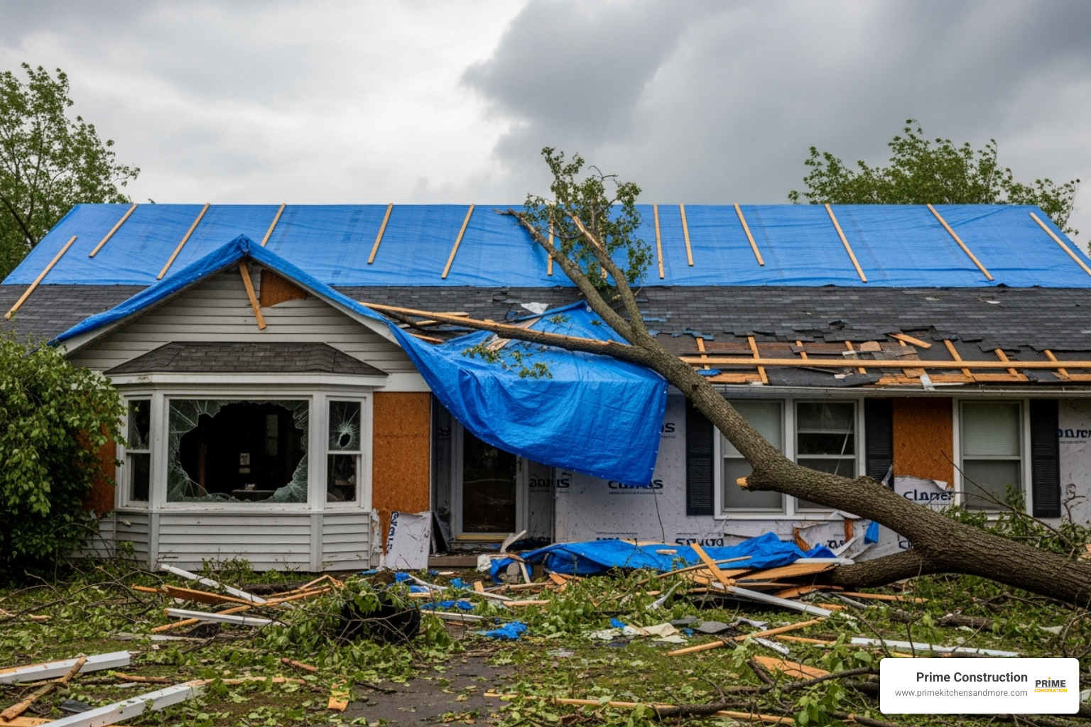 A home with a blue tarp covering a storm-damaged roof, showing visible signs of damage to the exterior - reconstruction services