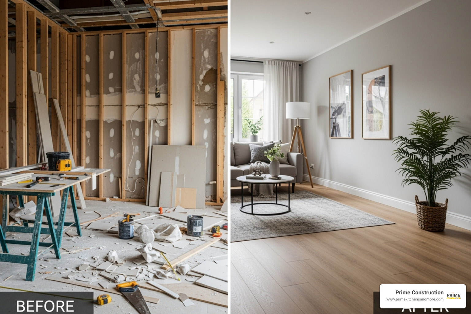 A room split-screen showing the "before" with exposed studs and damaged walls, and the "after" fully finished with new drywall, paint, and flooring - reconstruction services