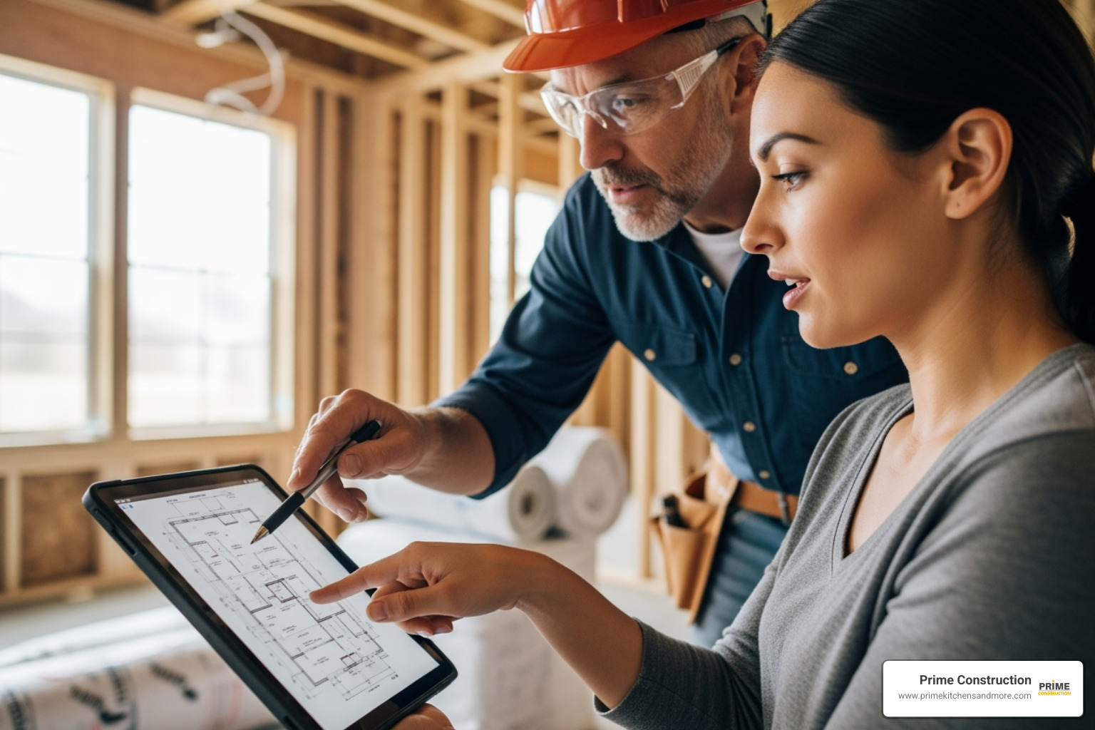 A contractor and homeowner reviewing construction plans on a tablet, pointing to details on the screen - reconstruction services