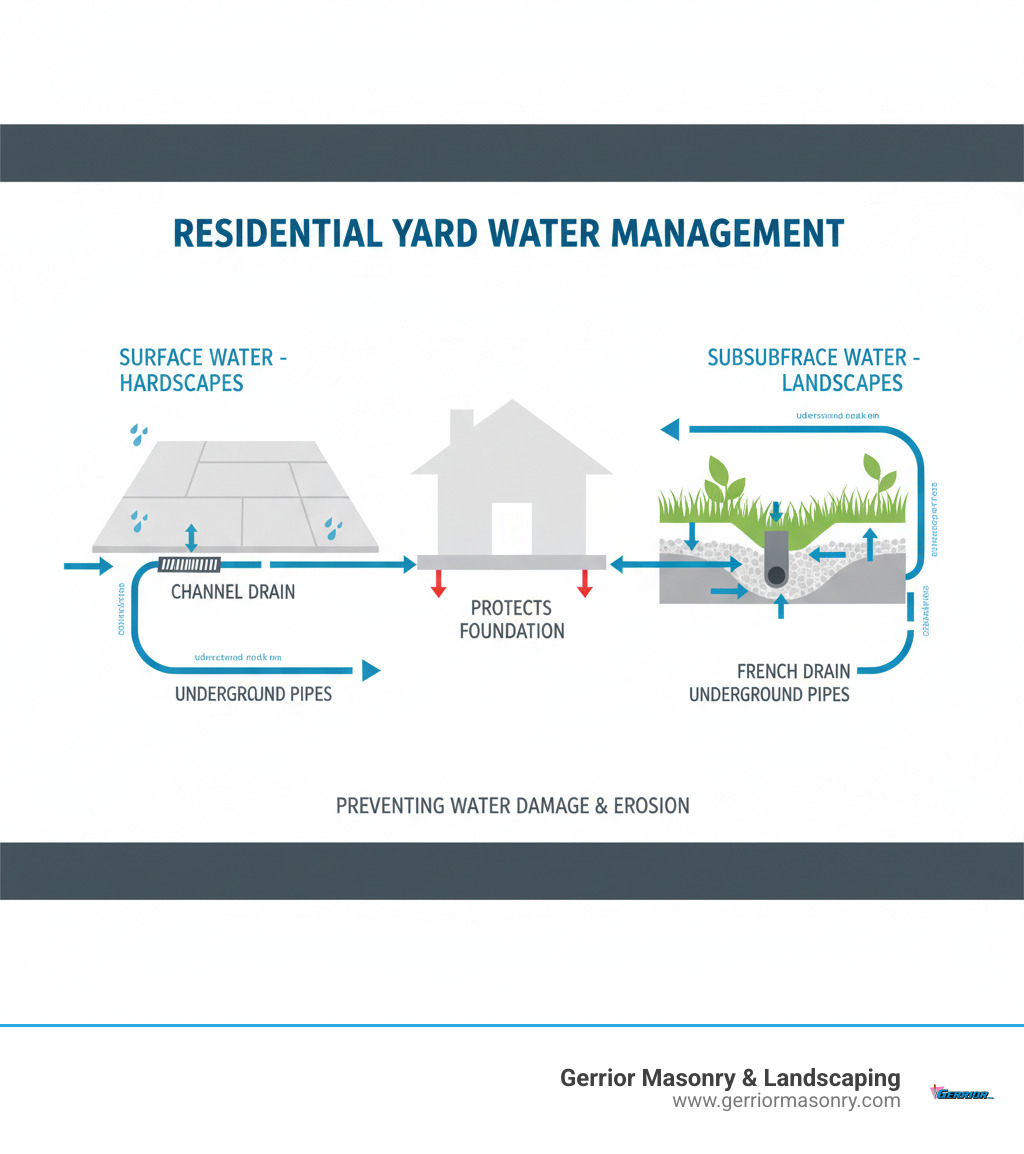 Comprehensive infographic showing water flow management in residential yards, depicting surface water flowing from a concrete patio into a channel drain system with grates, connecting to underground pipes that carry water away from the home, alongside a French drain system managing subsurface water in landscaped areas - channel drains for yards infographic 