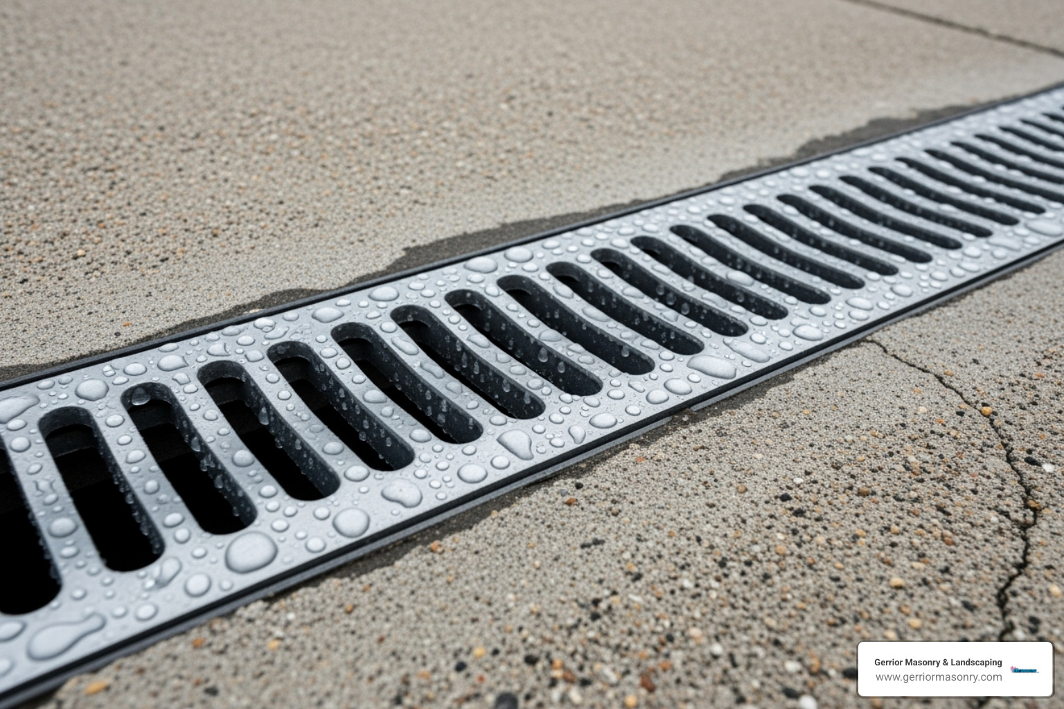 close-up of a channel drain grate on a driveway - channel drains for yards