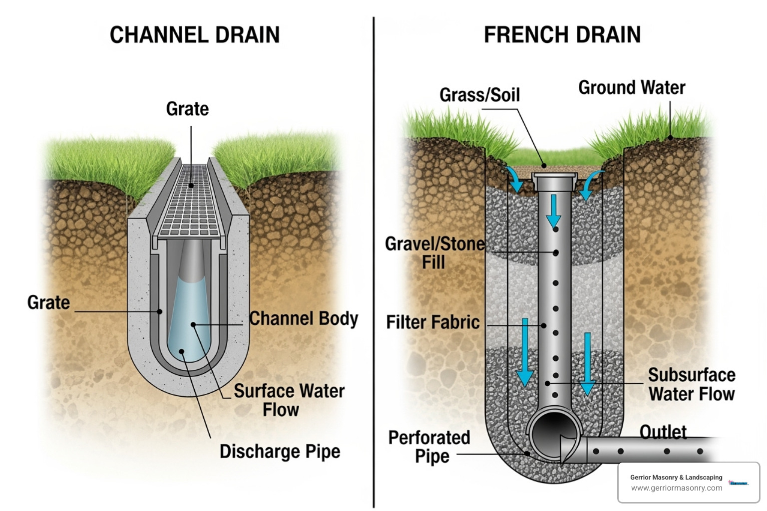 cross-section comparing a channel drain and a French drain - channel drains for yards